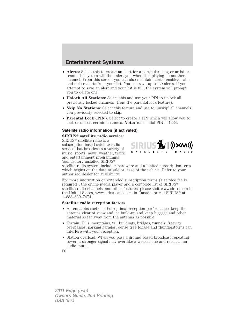 Satellite radio information (if activated), Entertainment systems | FORD 2011 Edge v.2 User Manual | Page 50 / 394