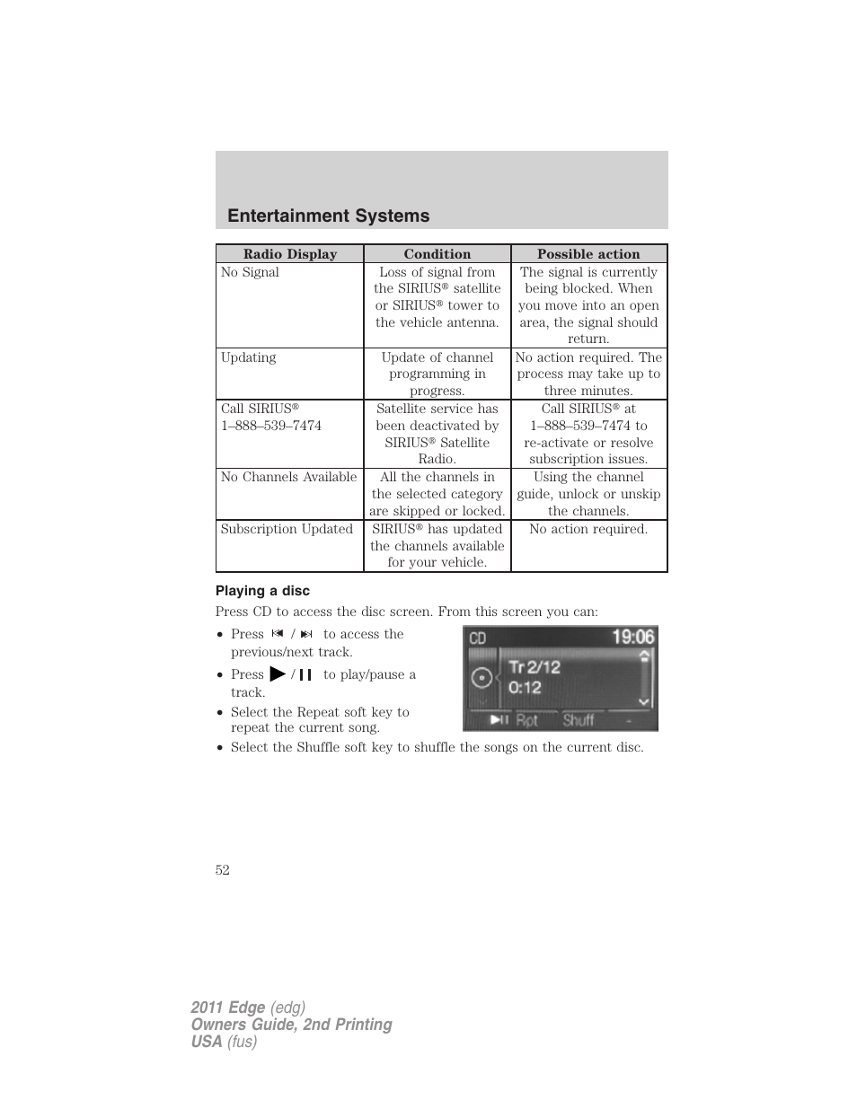 Playing a disc, Entertainment systems | FORD 2011 Edge v.2 User Manual | Page 52 / 394