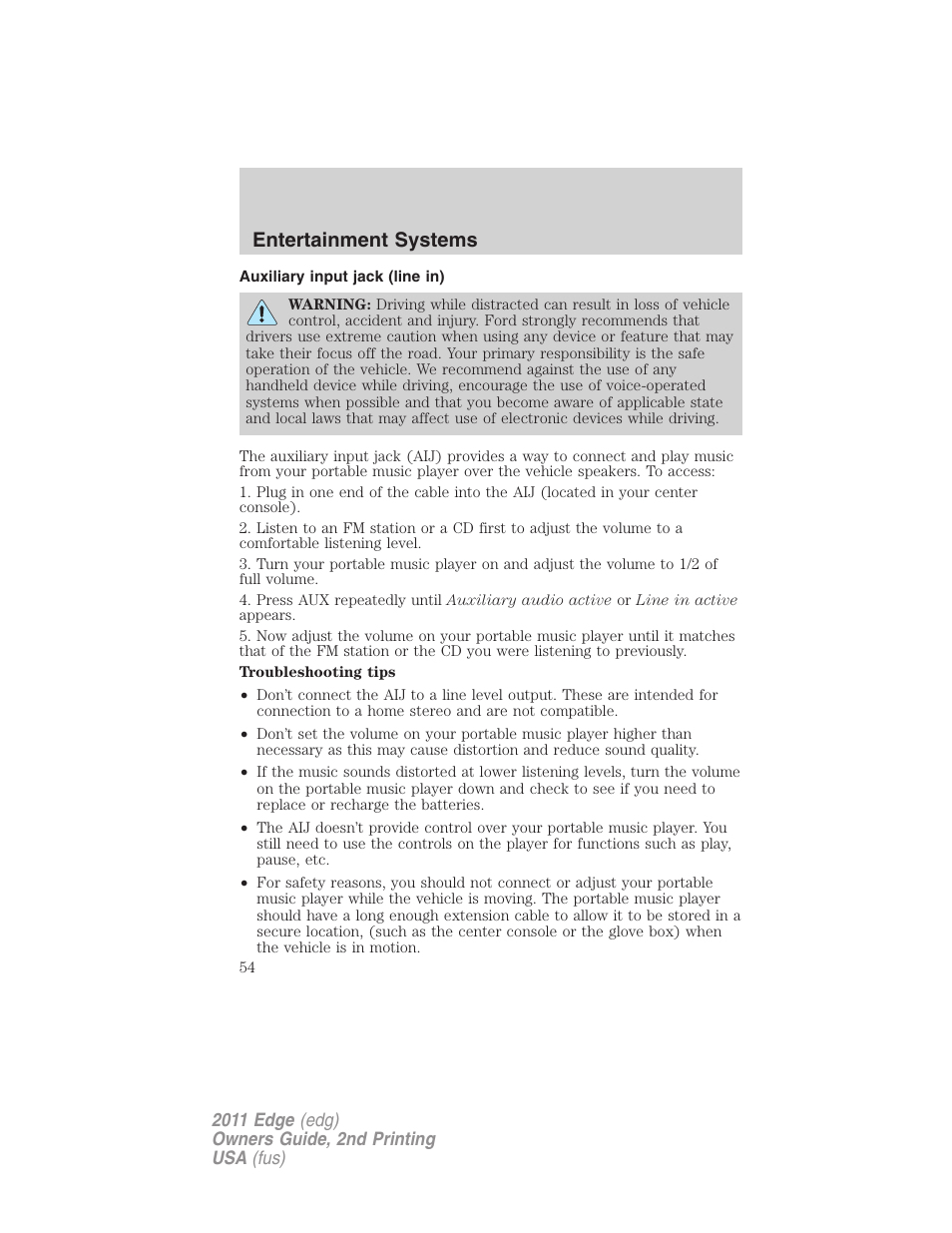 Auxiliary input jack (line in), Entertainment systems | FORD 2011 Edge v.2 User Manual | Page 54 / 394