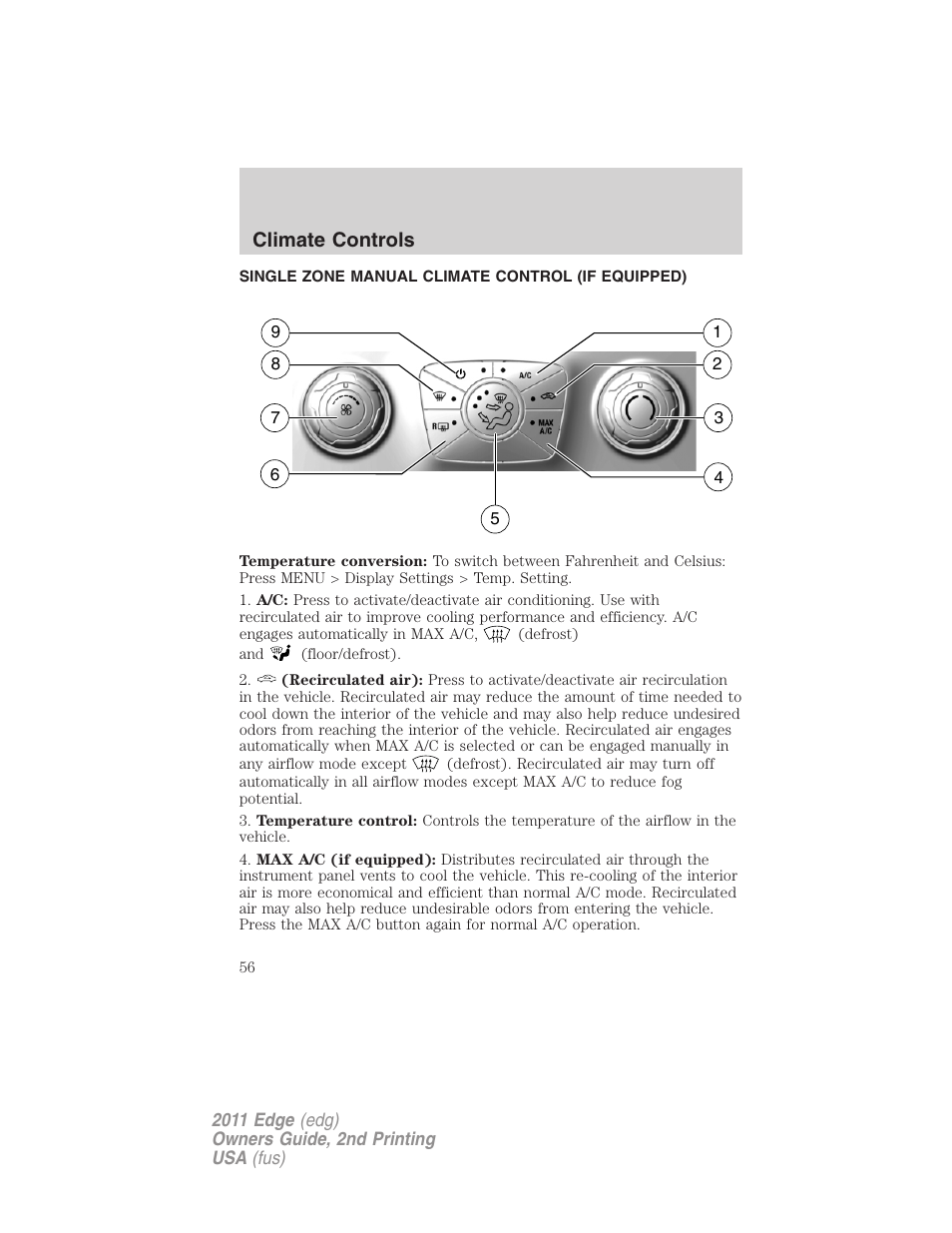 Climate controls, Single zone manual climate control (if equipped), Manual heating and air conditioning | FORD 2011 Edge v.2 User Manual | Page 56 / 394