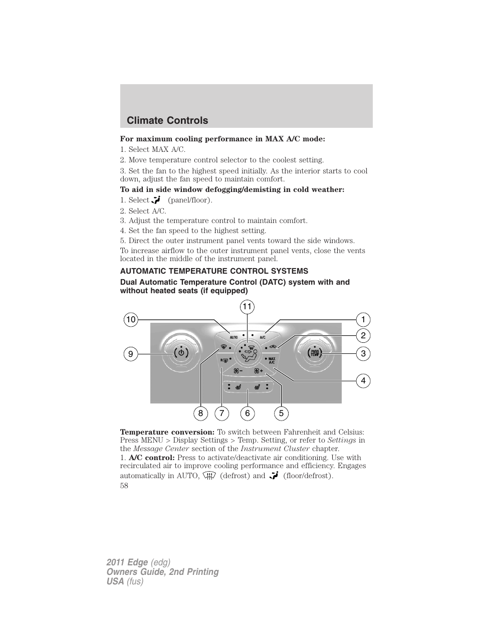 Automatic temperature control systems, Automatic temperature control, Climate controls | FORD 2011 Edge v.2 User Manual | Page 58 / 394