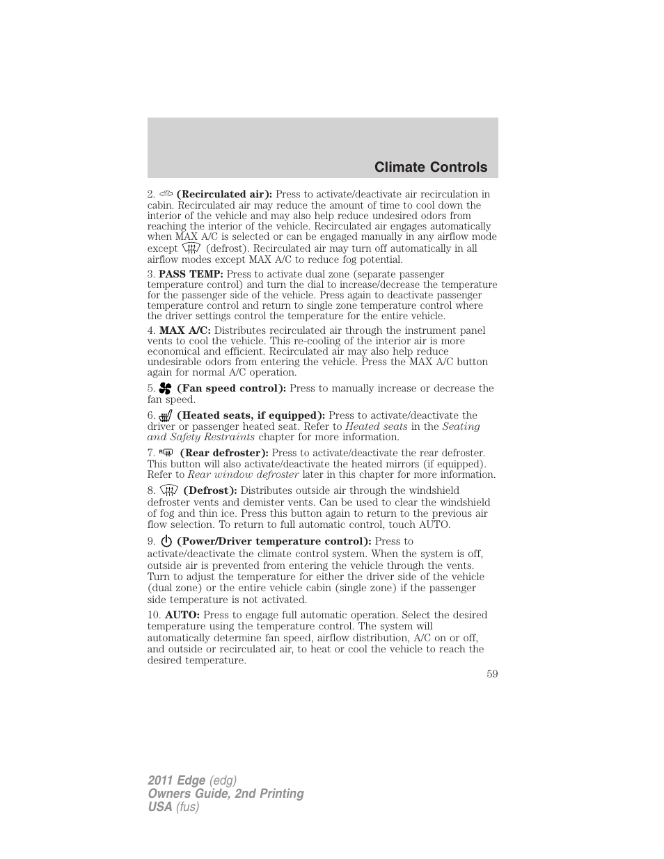 Climate controls | FORD 2011 Edge v.2 User Manual | Page 59 / 394