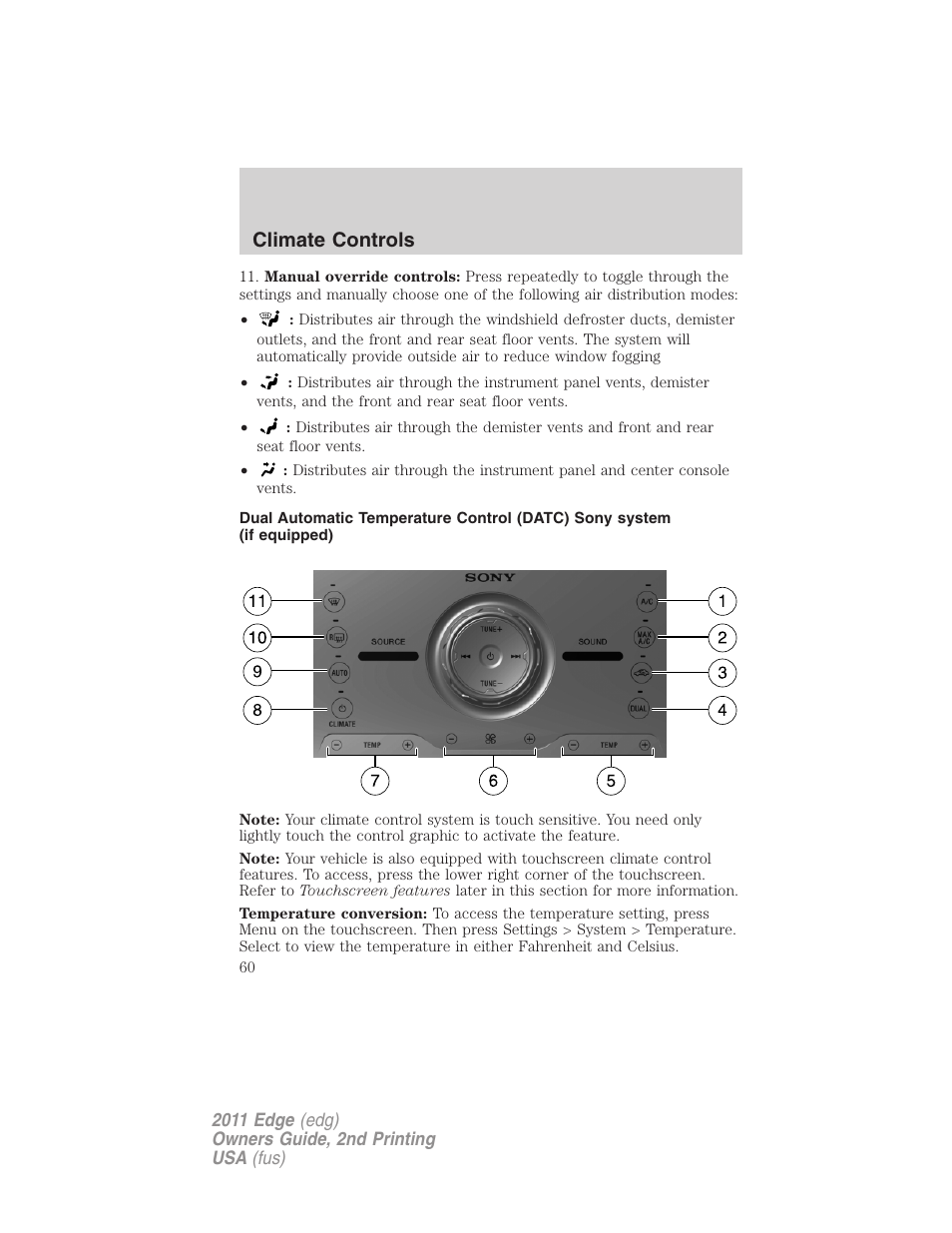 Climate controls | FORD 2011 Edge v.2 User Manual | Page 60 / 394