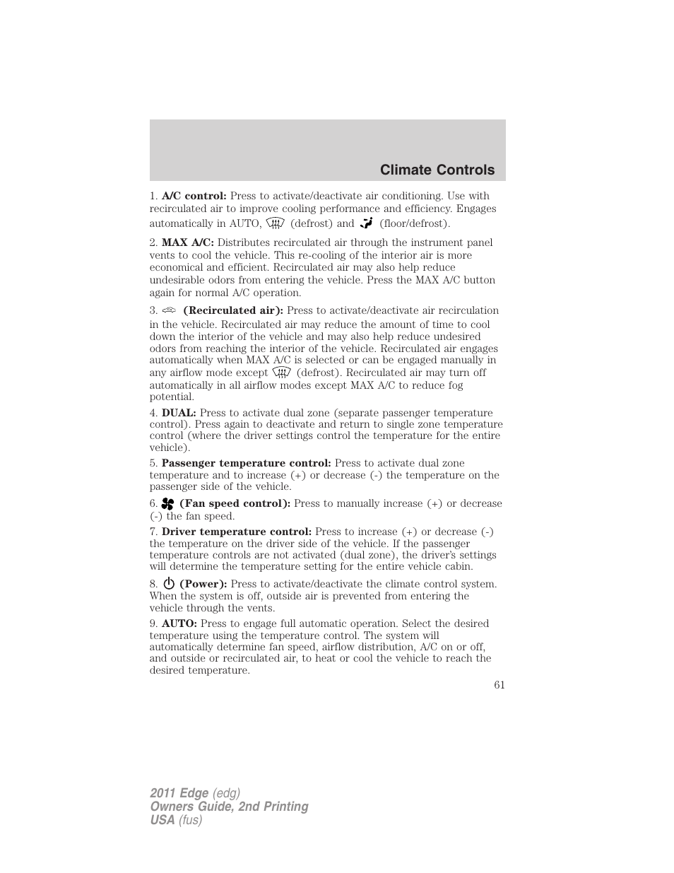 Climate controls | FORD 2011 Edge v.2 User Manual | Page 61 / 394