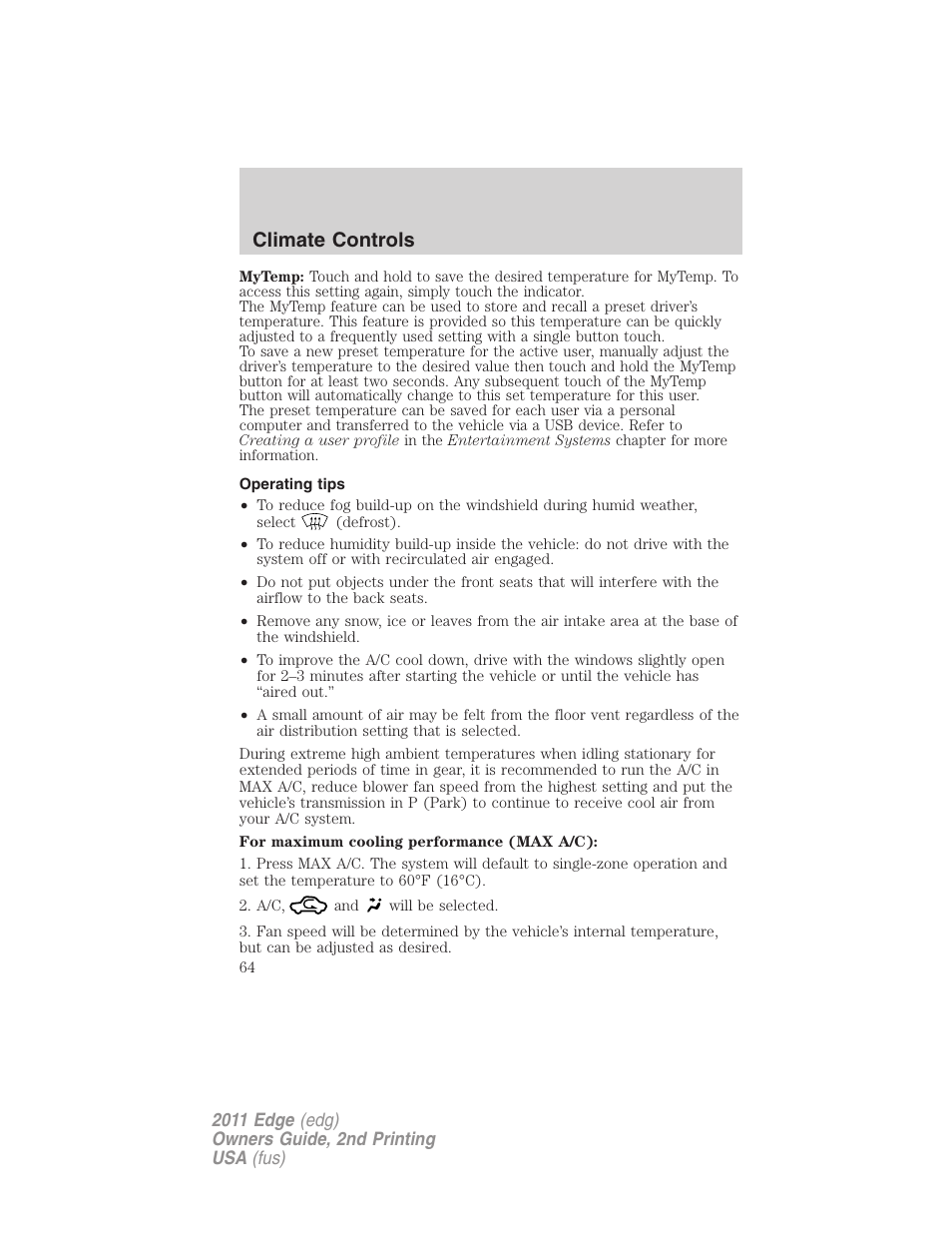 Operating tips, Climate controls | FORD 2011 Edge v.2 User Manual | Page 64 / 394