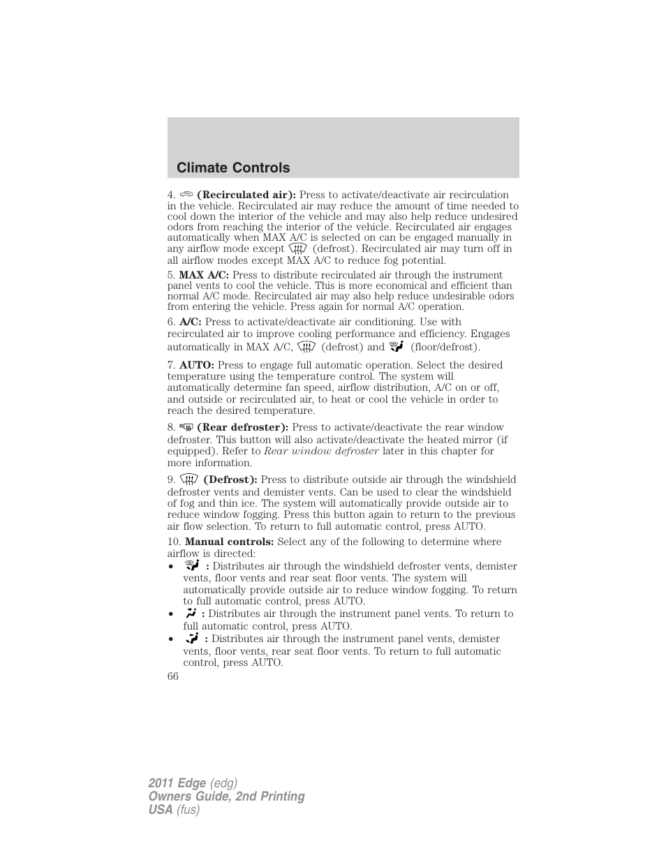Climate controls | FORD 2011 Edge v.2 User Manual | Page 66 / 394