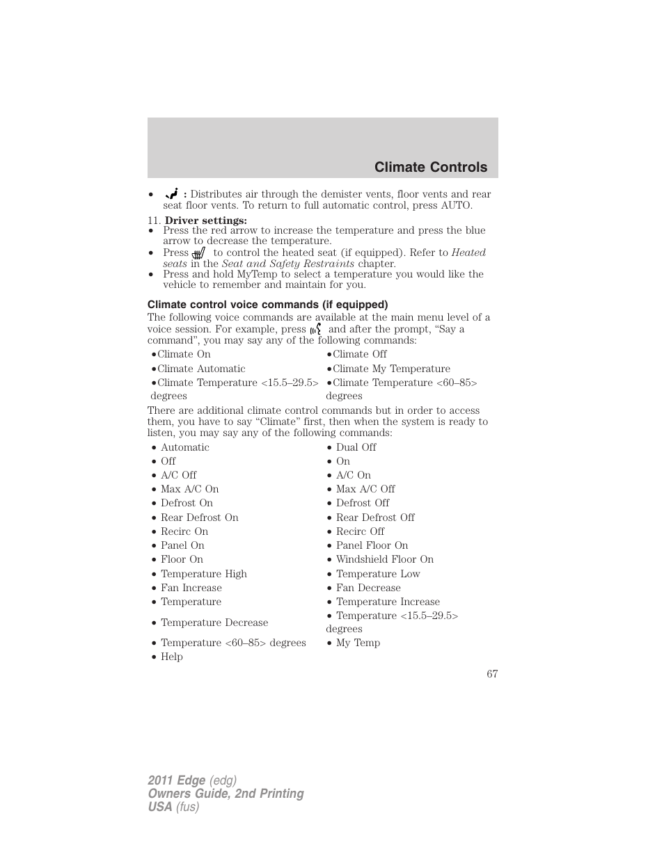 Climate control voice commands (if equipped), Climate controls | FORD 2011 Edge v.2 User Manual | Page 67 / 394