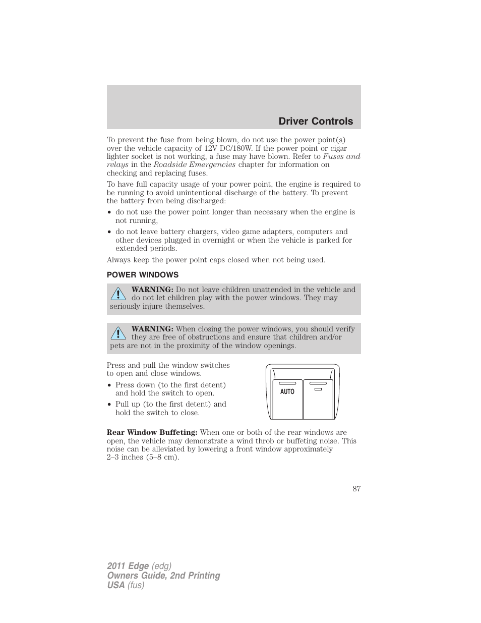 Power windows, Driver controls | FORD 2011 Edge v.2 User Manual | Page 87 / 394