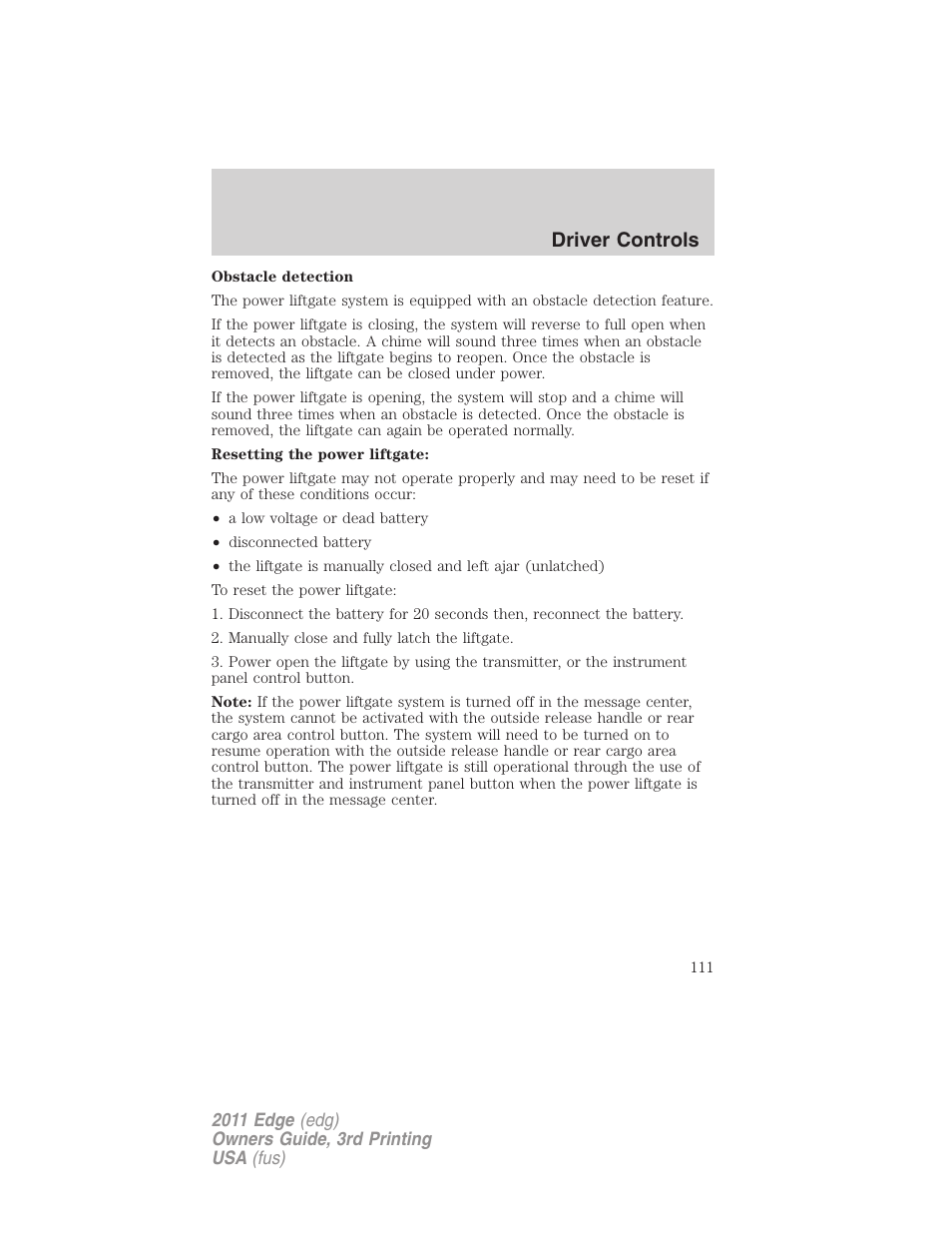 Driver controls | FORD 2011 Edge v.3 User Manual | Page 111 / 396