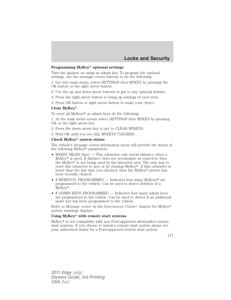 Locks and security | FORD 2011 Edge v.3 User Manual | Page 117 / 396