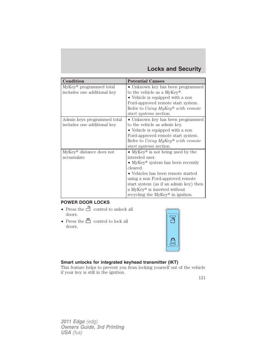 Power door locks, Locks, Locks and security | FORD 2011 Edge v.3 User Manual | Page 121 / 396