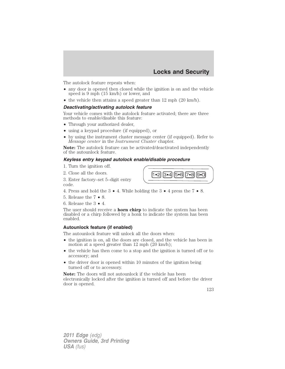 Deactivating/activating autolock feature, Autounlock feature (if enabled), Locks and security | FORD 2011 Edge v.3 User Manual | Page 123 / 396