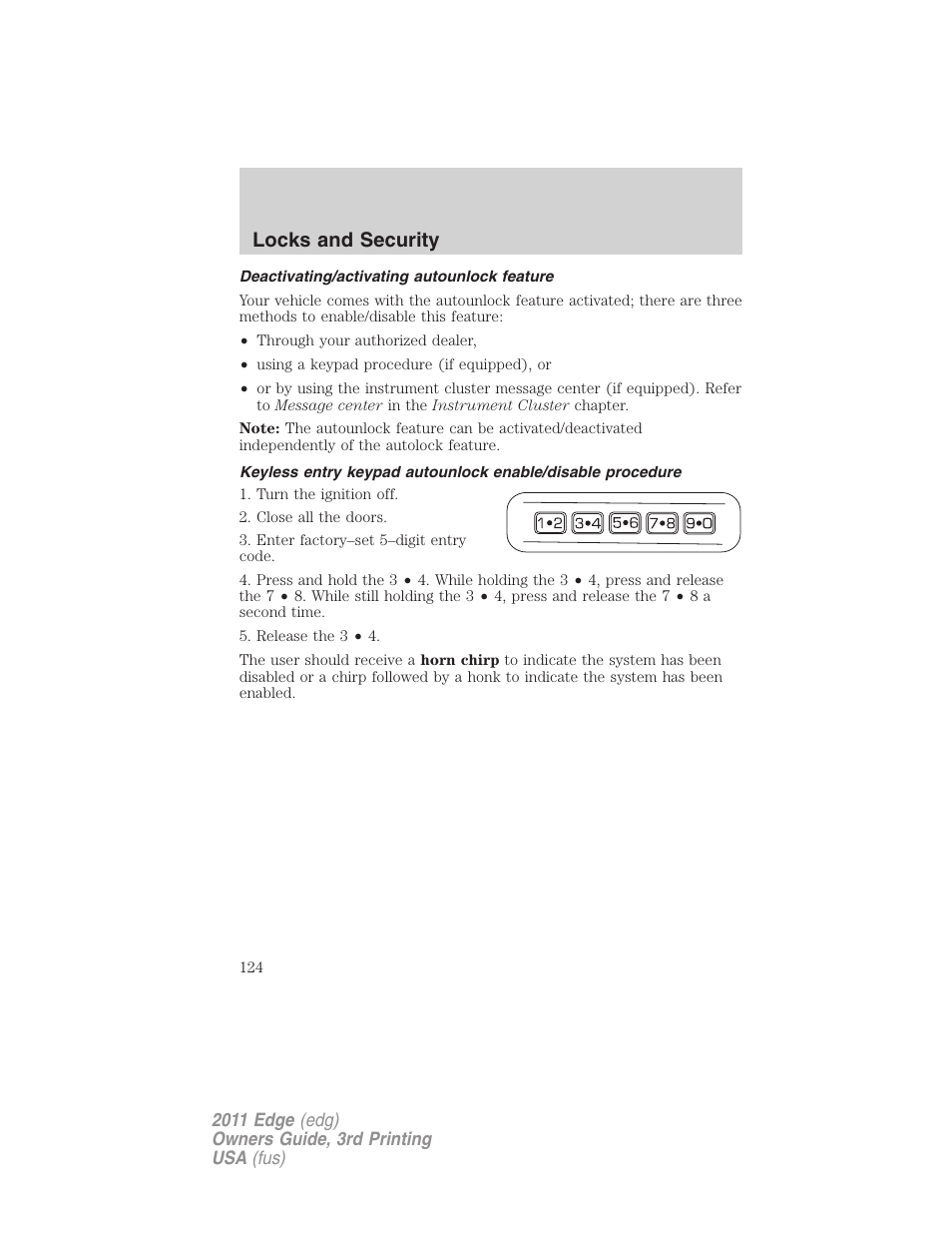 Deactivating/activating autounlock feature, Locks and security | FORD 2011 Edge v.3 User Manual | Page 124 / 396