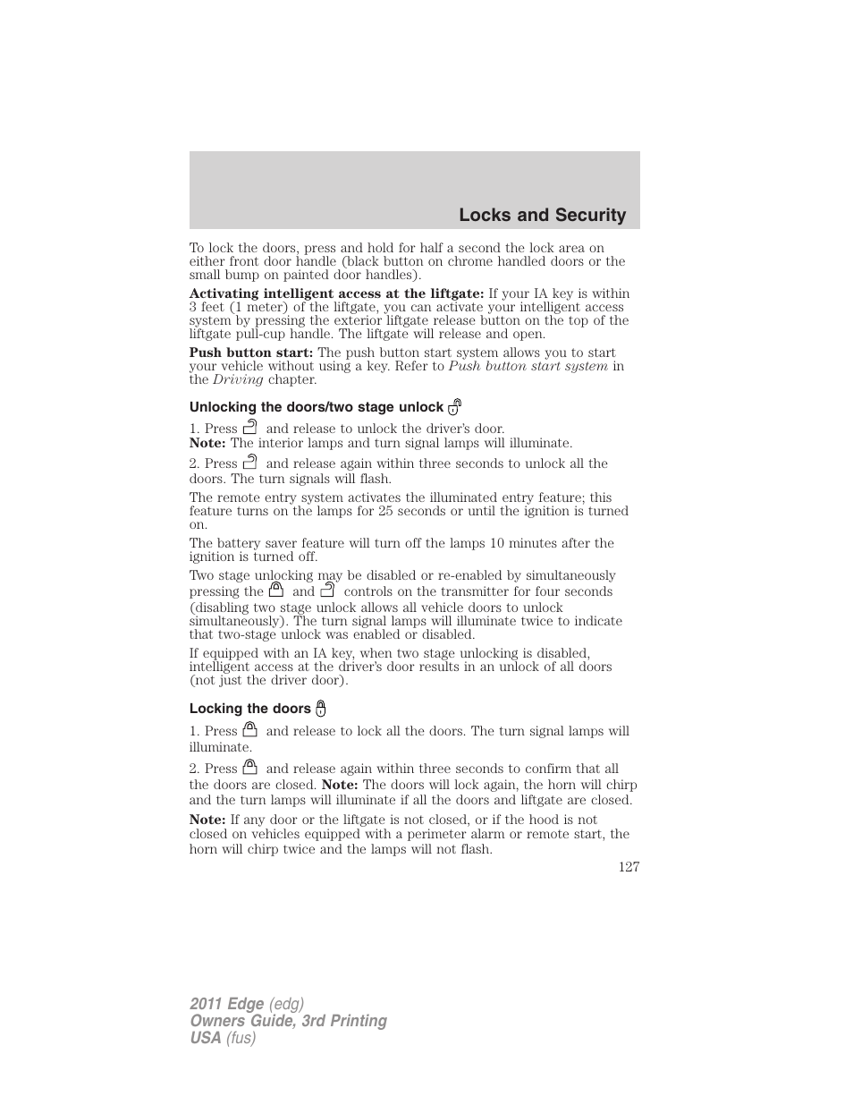 Unlocking the doors/two stage unlock, Locking the doors, Locks and security | FORD 2011 Edge v.3 User Manual | Page 127 / 396
