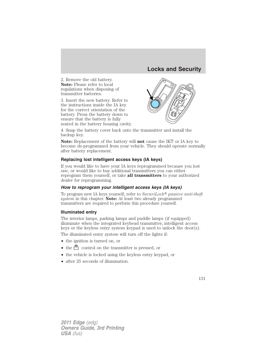 Replacing lost intelligent access keys (ia keys), Illuminated entry, Locks and security | FORD 2011 Edge v.3 User Manual | Page 131 / 396