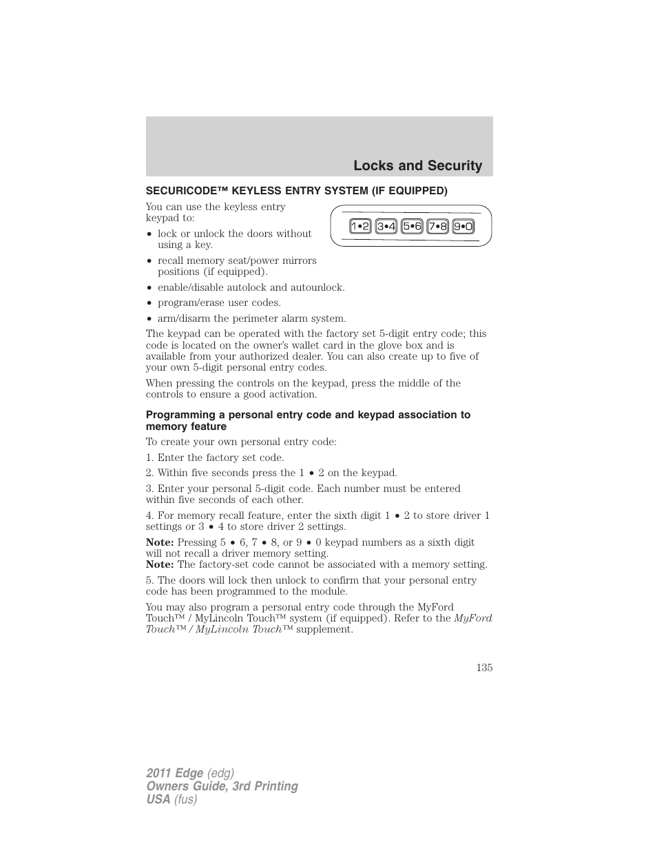 Securicode™ keyless entry system (if equipped), Locks and security | FORD 2011 Edge v.3 User Manual | Page 135 / 396