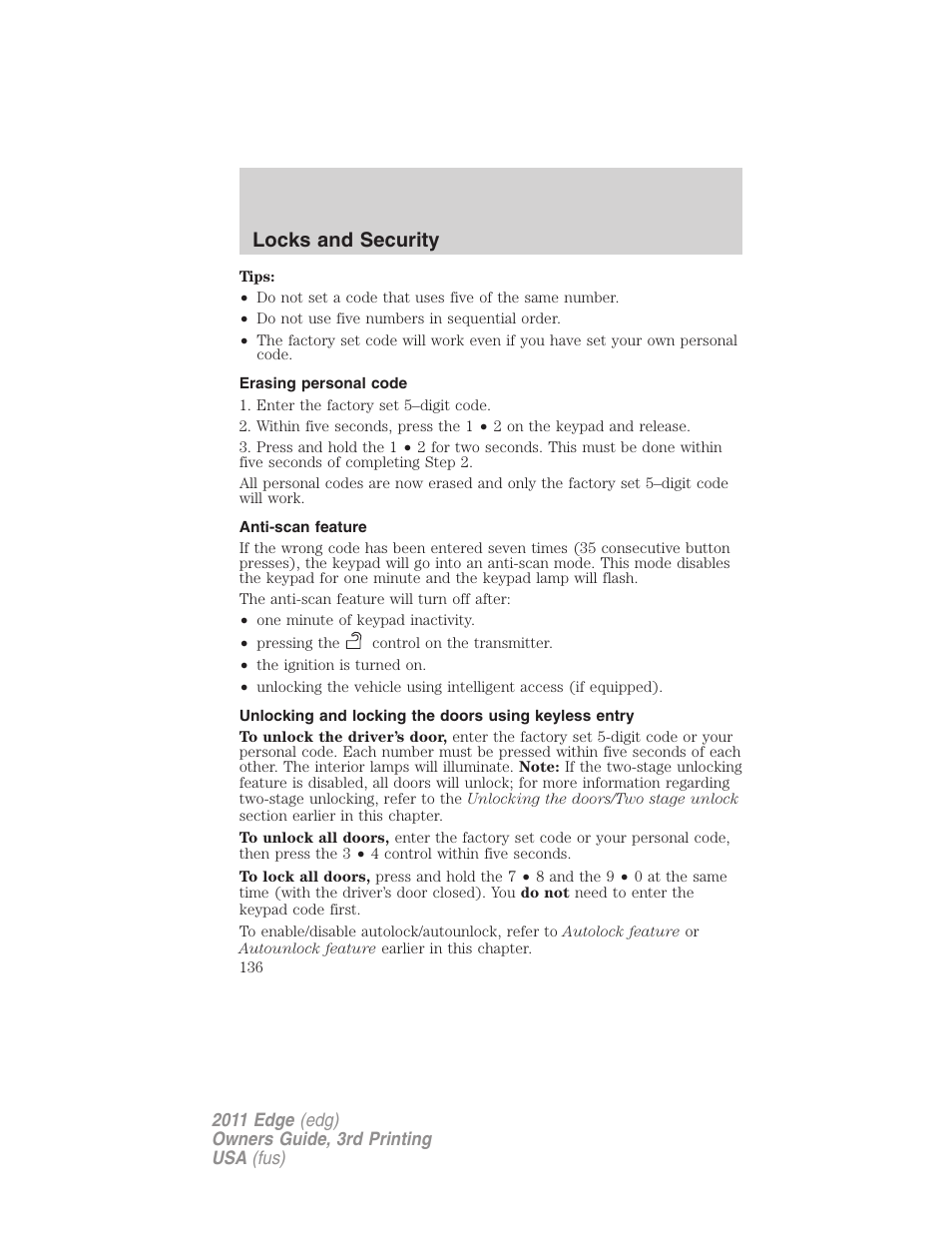 Erasing personal code, Anti-scan feature, Locks and security | FORD 2011 Edge v.3 User Manual | Page 136 / 396