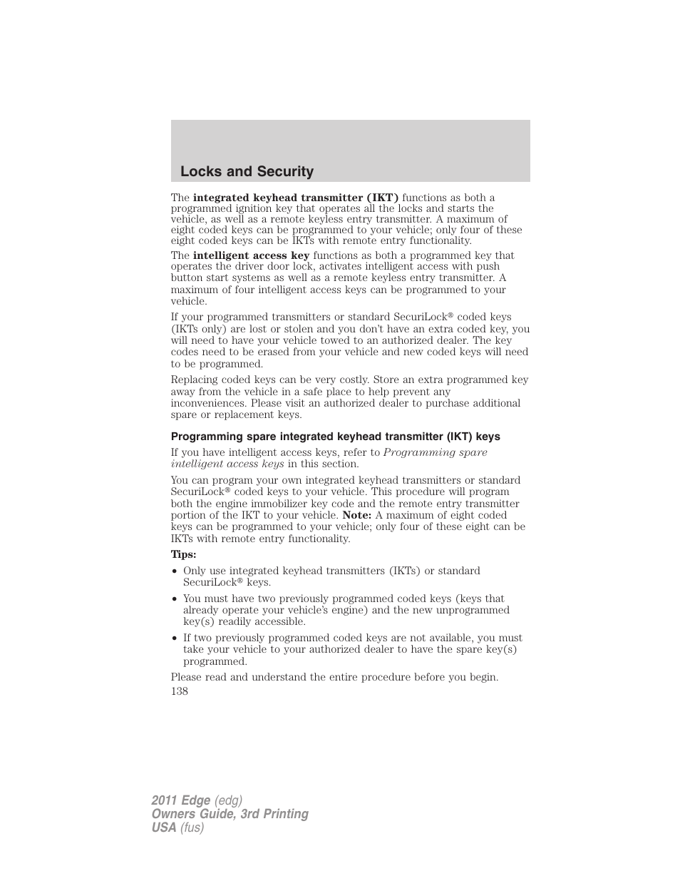 Locks and security | FORD 2011 Edge v.3 User Manual | Page 138 / 396