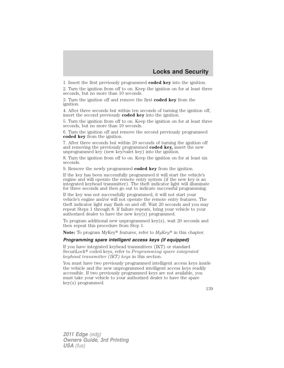 Locks and security | FORD 2011 Edge v.3 User Manual | Page 139 / 396