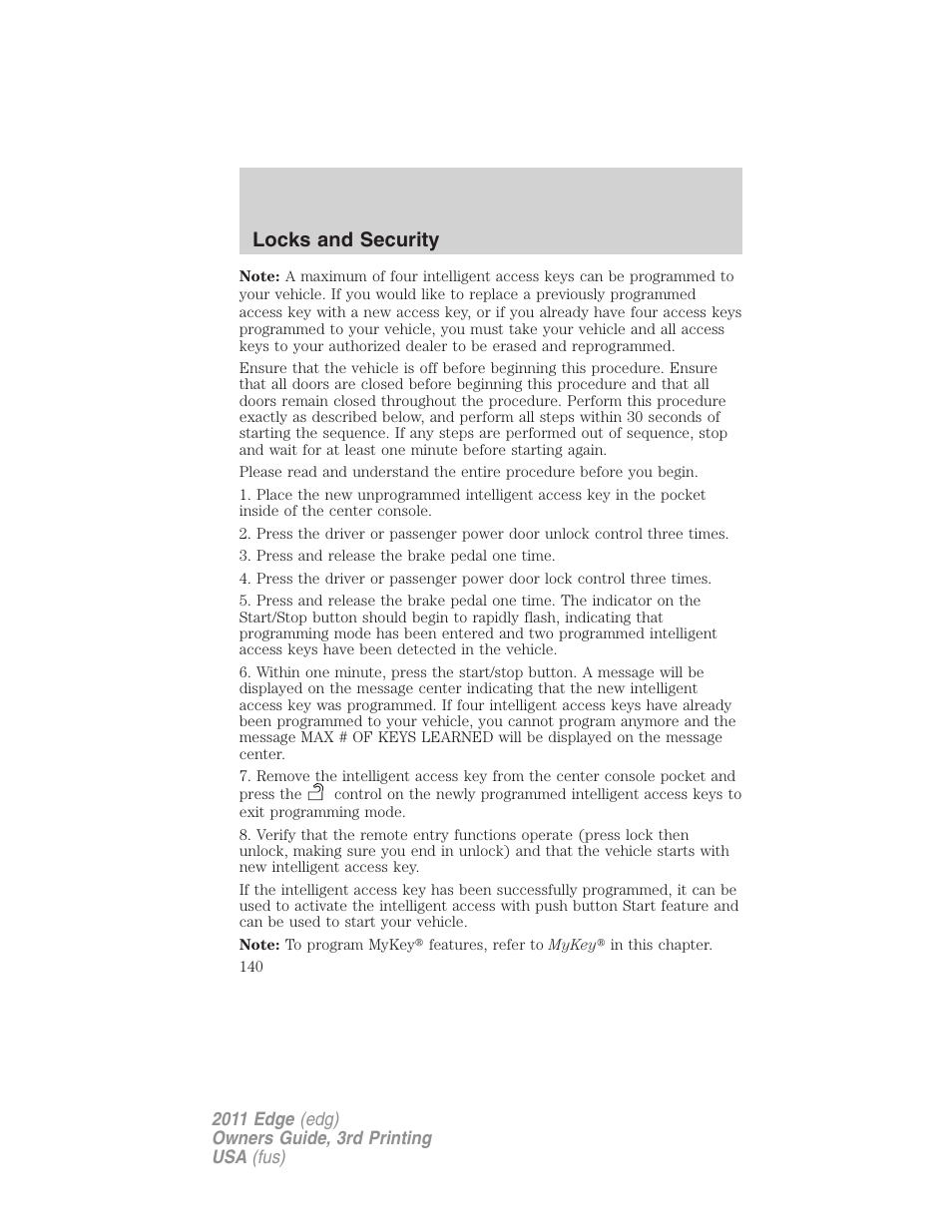 Locks and security | FORD 2011 Edge v.3 User Manual | Page 140 / 396