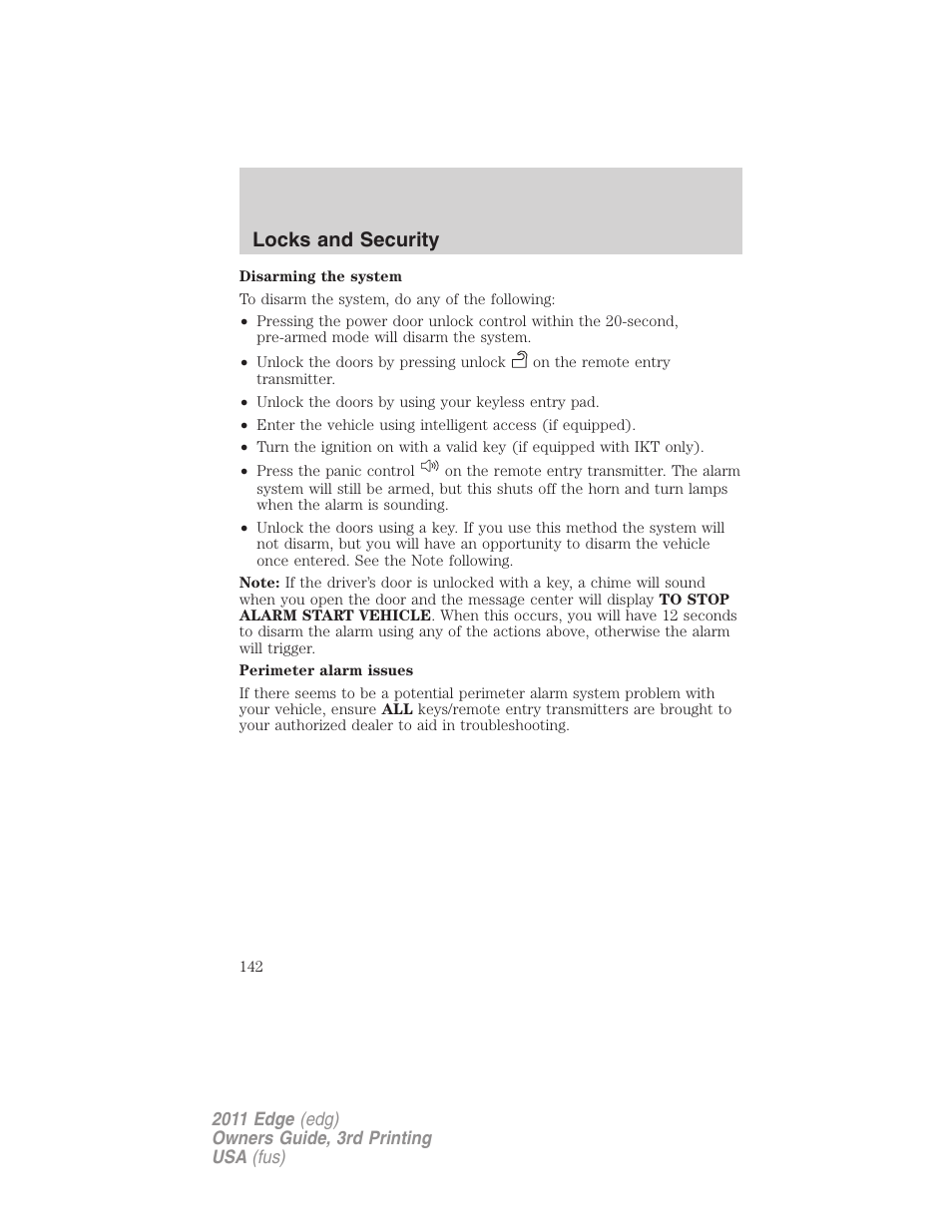 Locks and security | FORD 2011 Edge v.3 User Manual | Page 142 / 396