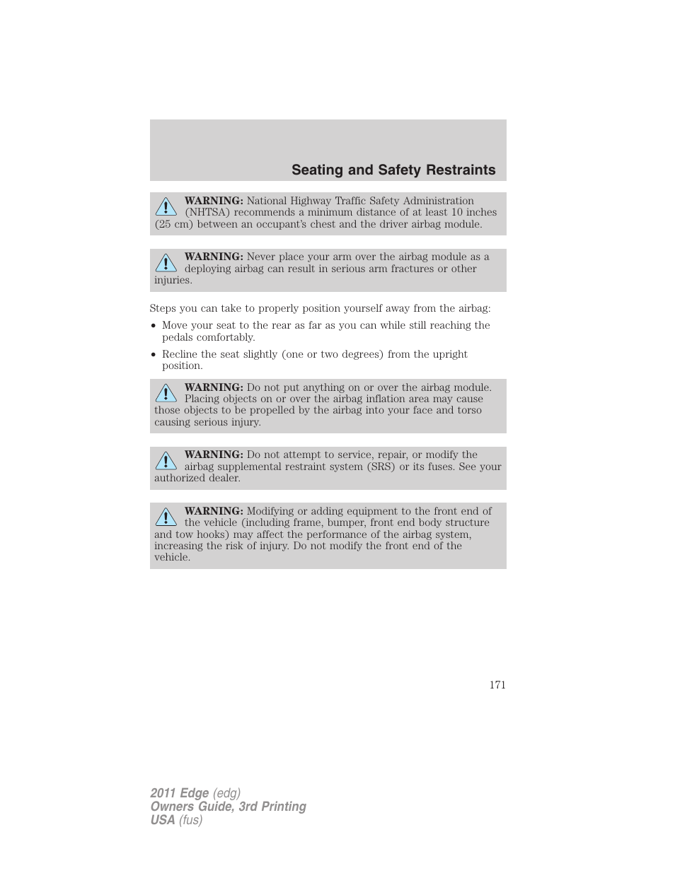 Seating and safety restraints | FORD 2011 Edge v.3 User Manual | Page 171 / 396