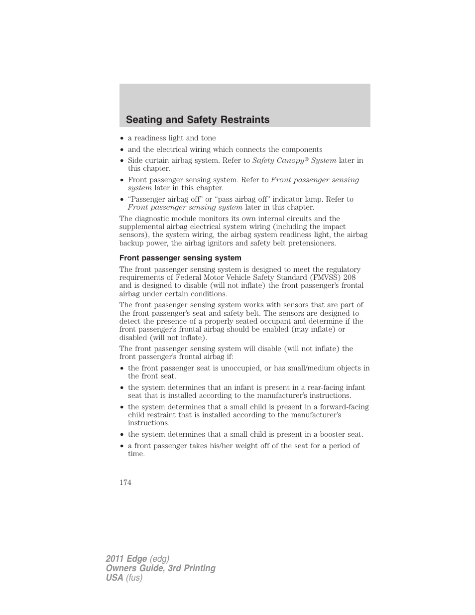 Front passenger sensing system, Seating and safety restraints | FORD 2011 Edge v.3 User Manual | Page 174 / 396