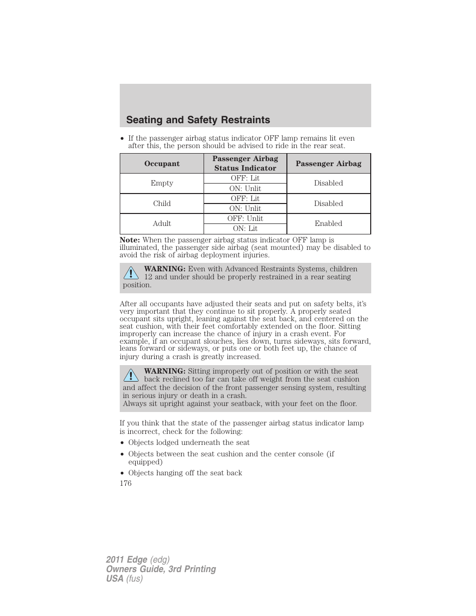 Seating and safety restraints | FORD 2011 Edge v.3 User Manual | Page 176 / 396