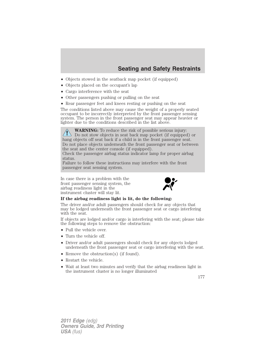 Seating and safety restraints | FORD 2011 Edge v.3 User Manual | Page 177 / 396
