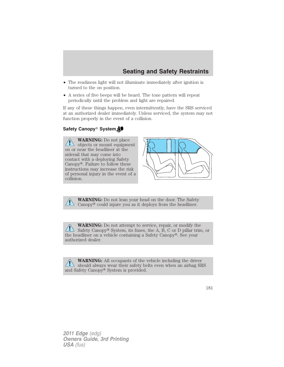 Safety canopy system, Seating and safety restraints | FORD 2011 Edge v.3 User Manual | Page 181 / 396
