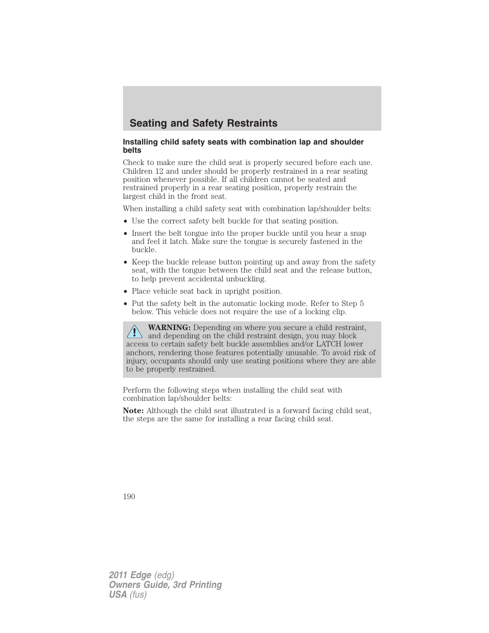 Seating and safety restraints | FORD 2011 Edge v.3 User Manual | Page 190 / 396