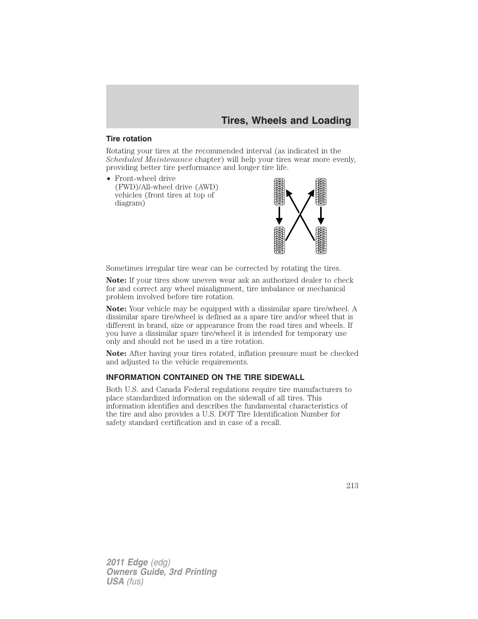 Tire rotation, Information contained on the tire sidewall, Tires, wheels and loading | FORD 2011 Edge v.3 User Manual | Page 213 / 396