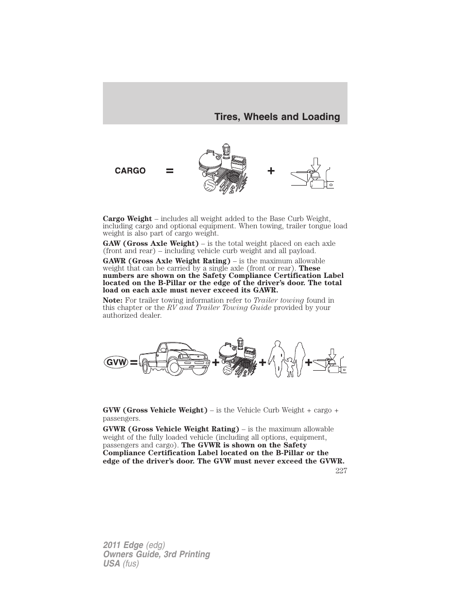 Tires, wheels and loading | FORD 2011 Edge v.3 User Manual | Page 227 / 396
