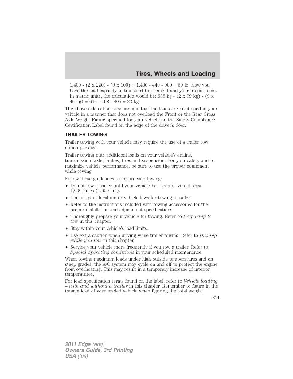 Trailer towing, Tires, wheels and loading | FORD 2011 Edge v.3 User Manual | Page 231 / 396