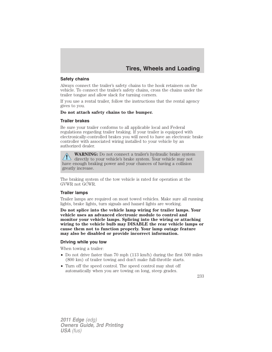 Safety chains, Trailer brakes, Trailer lamps | Driving while you tow, Tires, wheels and loading | FORD 2011 Edge v.3 User Manual | Page 233 / 396