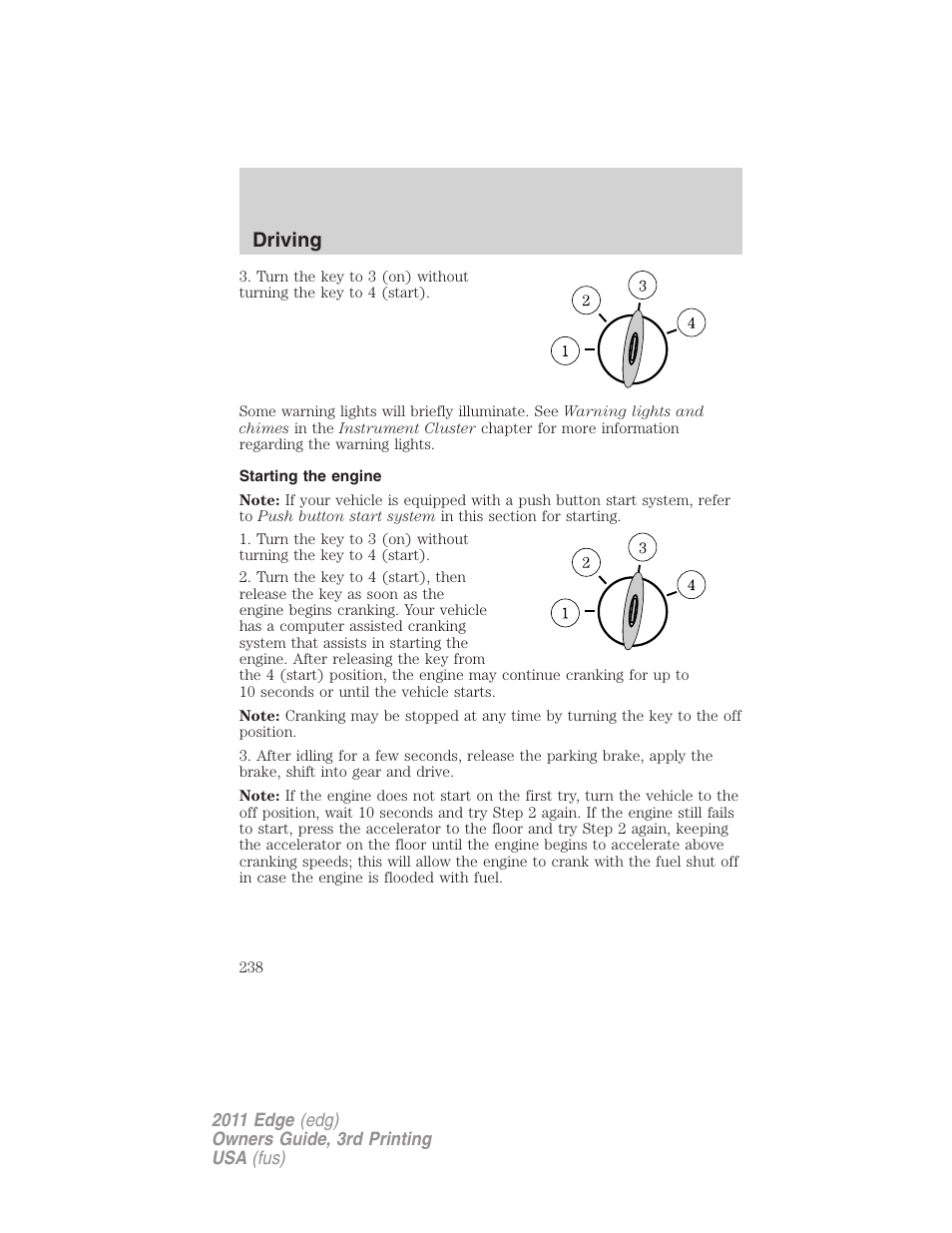 Starting the engine, Driving | FORD 2011 Edge v.3 User Manual | Page 238 / 396