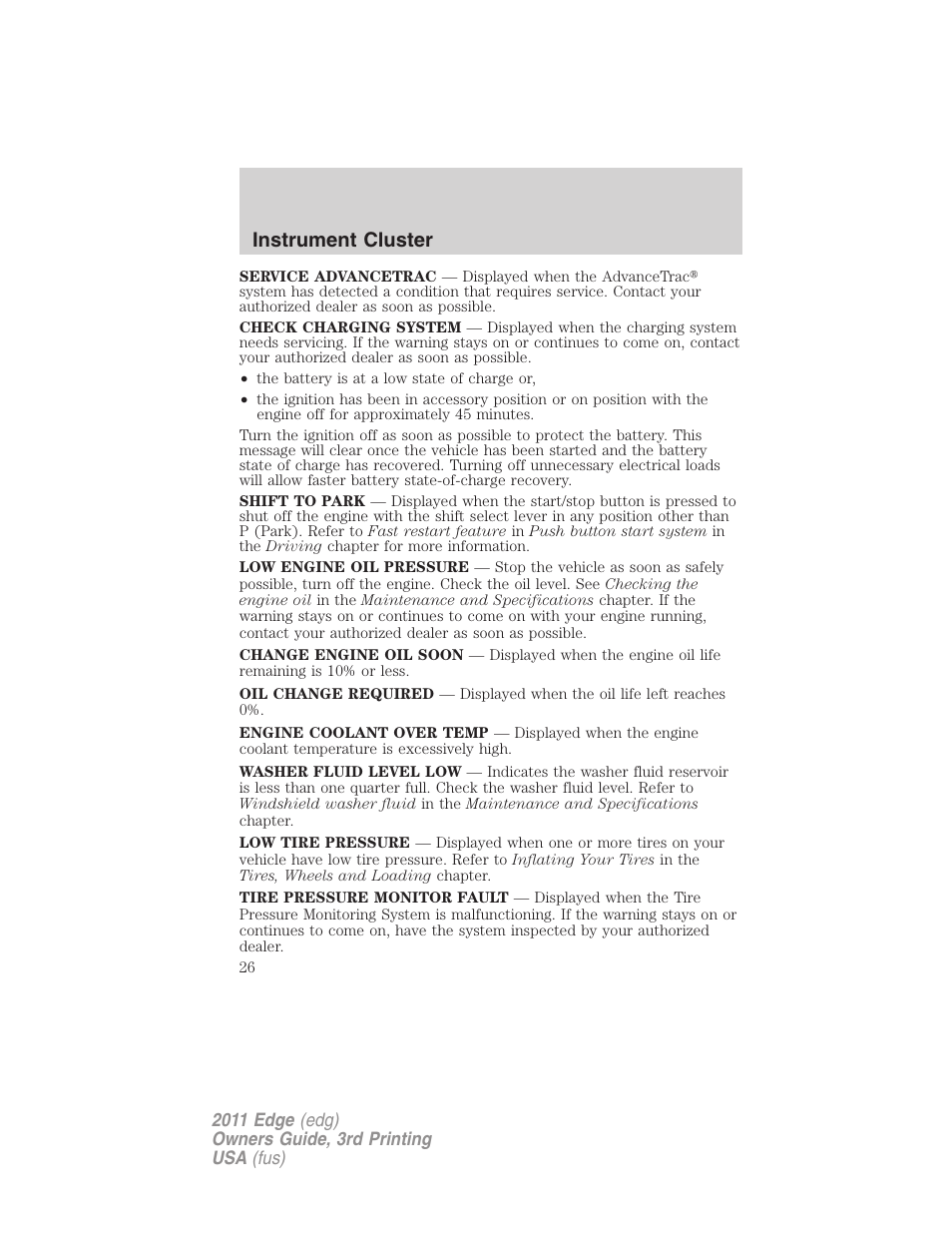 Instrument cluster | FORD 2011 Edge v.3 User Manual | Page 26 / 396