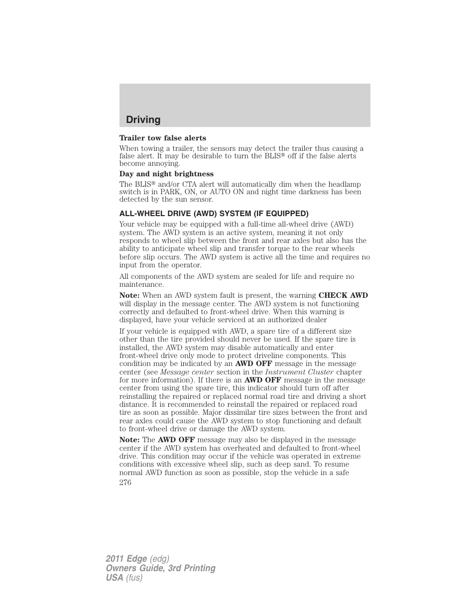 All-wheel drive (awd) system (if equipped), Driving | FORD 2011 Edge v.3 User Manual | Page 276 / 396