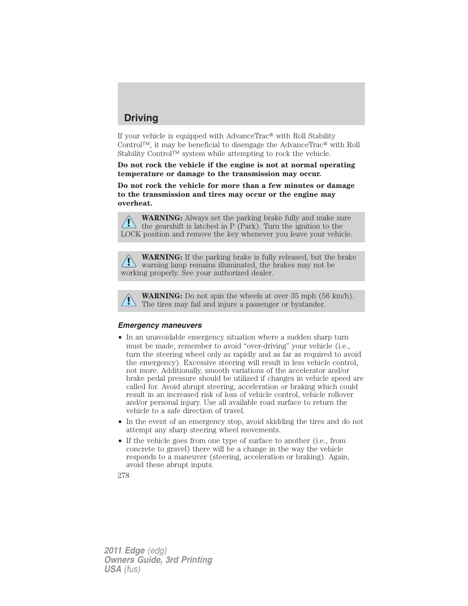 Emergency maneuvers, Driving | FORD 2011 Edge v.3 User Manual | Page 278 / 396