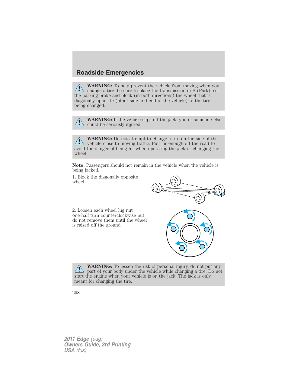 Roadside emergencies | FORD 2011 Edge v.3 User Manual | Page 298 / 396