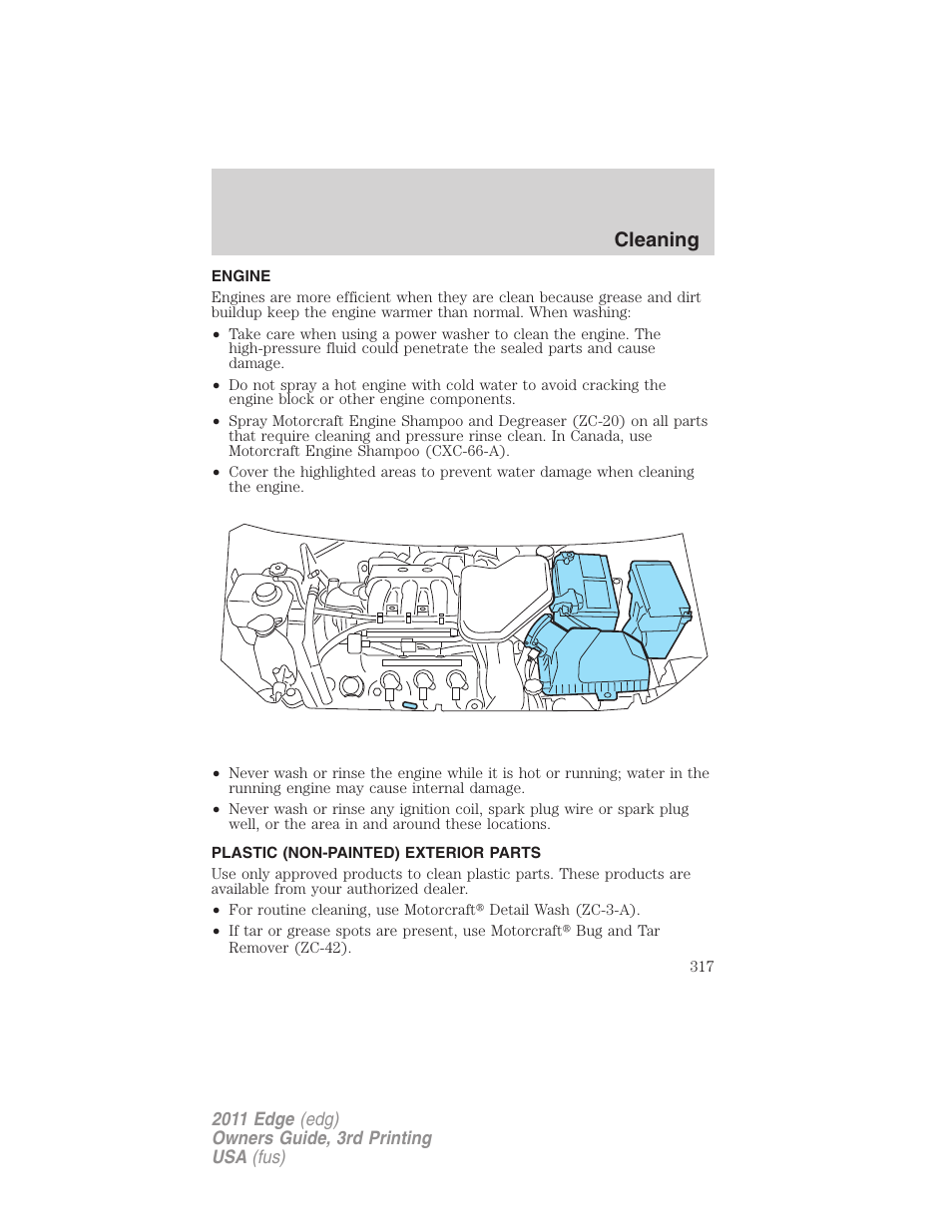 Engine, Plastic (non-painted) exterior parts, Cleaning | FORD 2011 Edge v.3 User Manual | Page 317 / 396