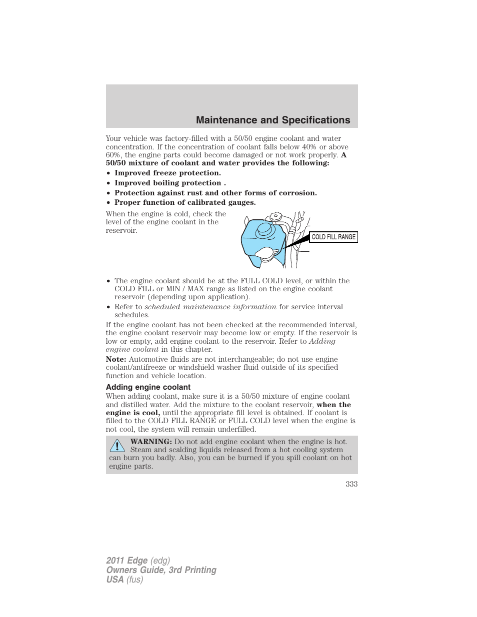 Adding engine coolant, Maintenance and specifications | FORD 2011 Edge v.3 User Manual | Page 333 / 396