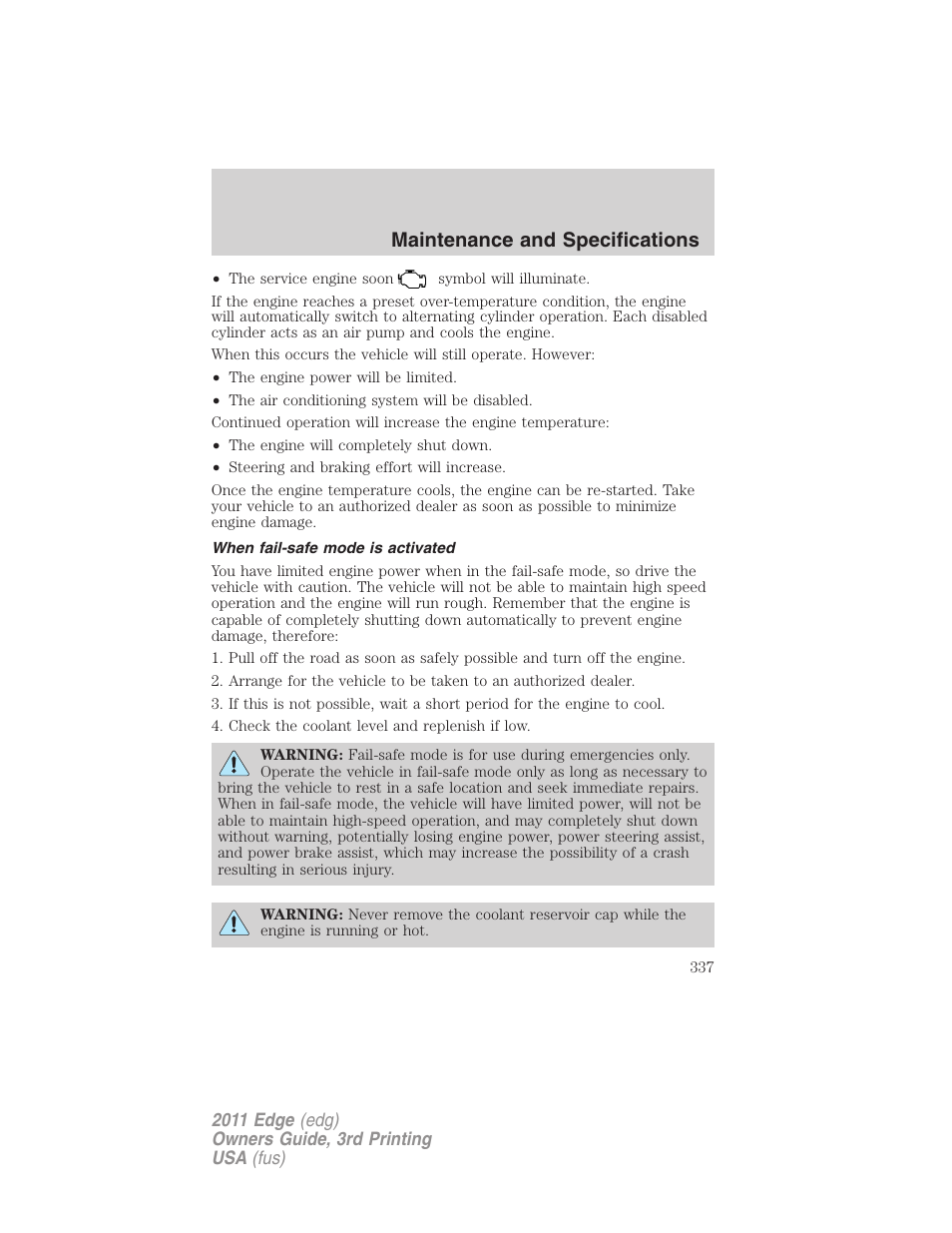When fail-safe mode is activated, Maintenance and specifications | FORD 2011 Edge v.3 User Manual | Page 337 / 396