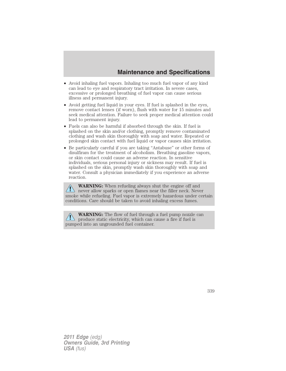 Maintenance and specifications | FORD 2011 Edge v.3 User Manual | Page 339 / 396