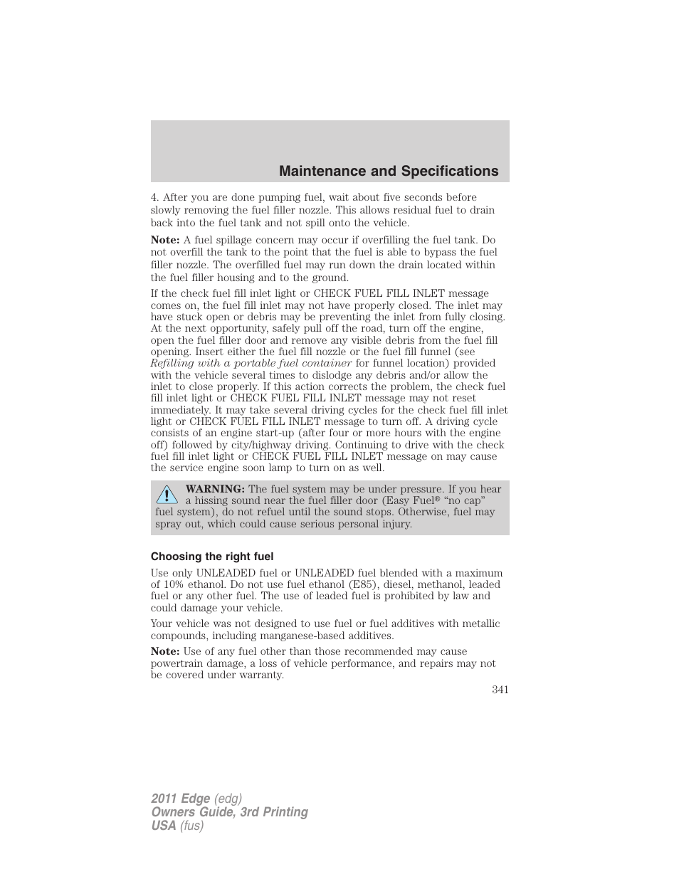 Choosing the right fuel, Maintenance and specifications | FORD 2011 Edge v.3 User Manual | Page 341 / 396