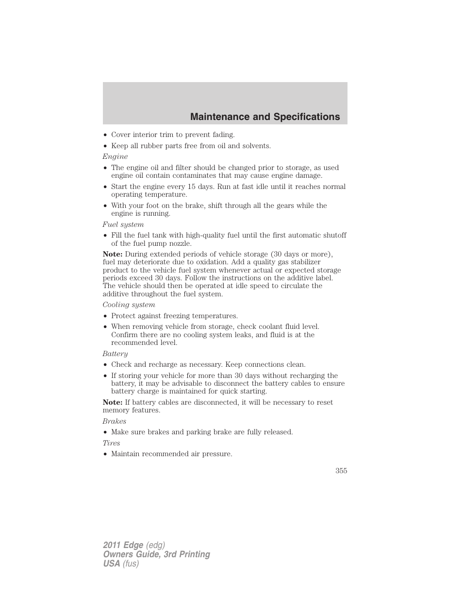 Maintenance and specifications | FORD 2011 Edge v.3 User Manual | Page 355 / 396