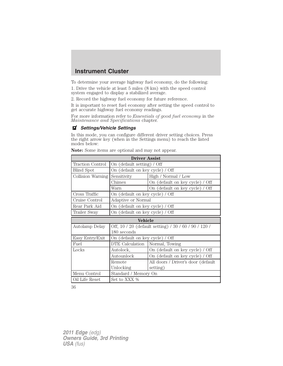 Settings/vehicle settings, Instrument cluster | FORD 2011 Edge v.3 User Manual | Page 36 / 396