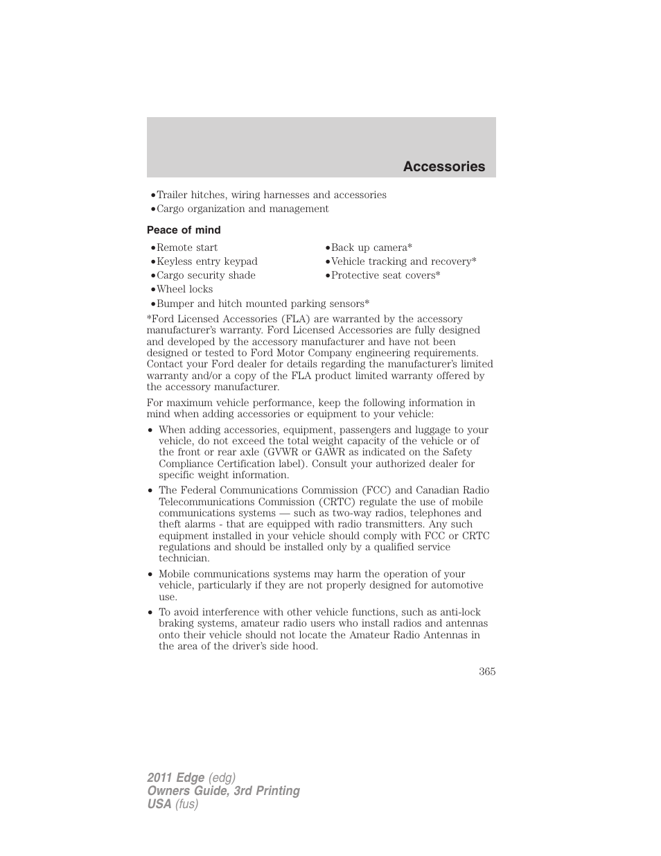 Peace of mind, Accessories | FORD 2011 Edge v.3 User Manual | Page 365 / 396