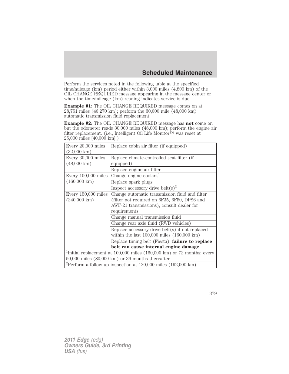 Scheduled maintenance | FORD 2011 Edge v.3 User Manual | Page 379 / 396