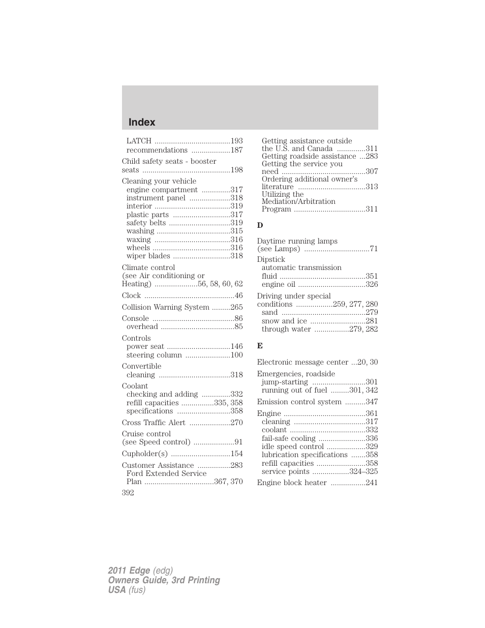 Index | FORD 2011 Edge v.3 User Manual | Page 392 / 396